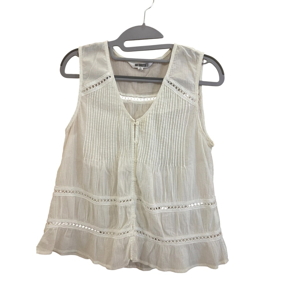 BB Dakota Women's Ivory Sleeveless Pintuck Lace Boho Button Front Blouse Small